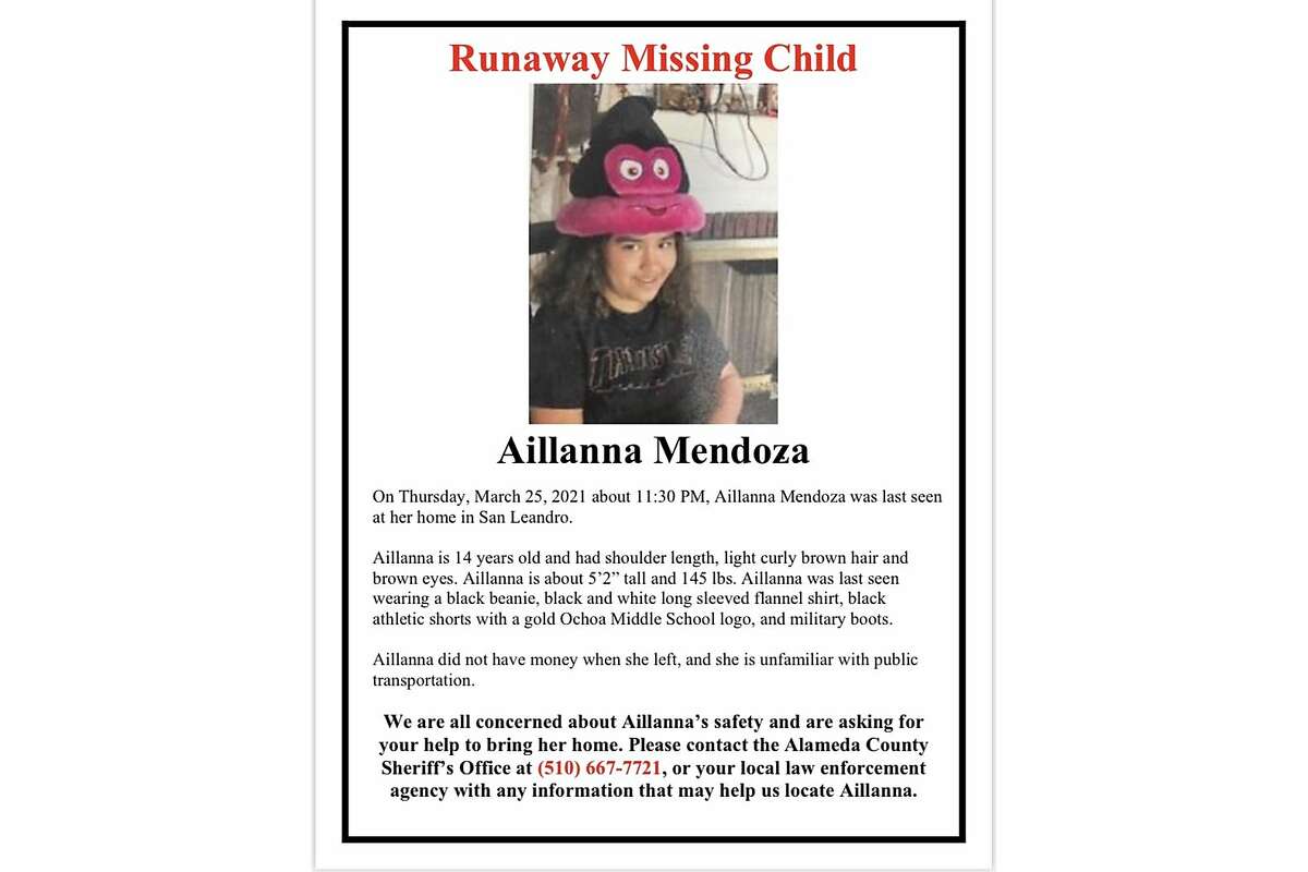 Alameda County sheriff's officials are asking the public's help to find Aillanna Mendoza, 14, who was last seen at her San Leandro home late Thursday night, authorities said.