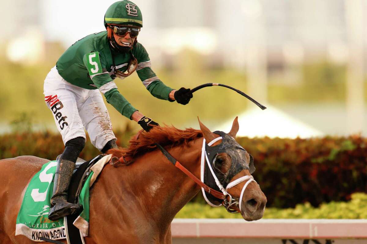 HALLANDALE, FLORIDA - MARCH 27: Known Agenda #5, ridden by Irad Ortiz Jr., wins the 69th running of the Florida Derby at Gulfstream Park on March 27, 2021 in Hallandale, Florida.