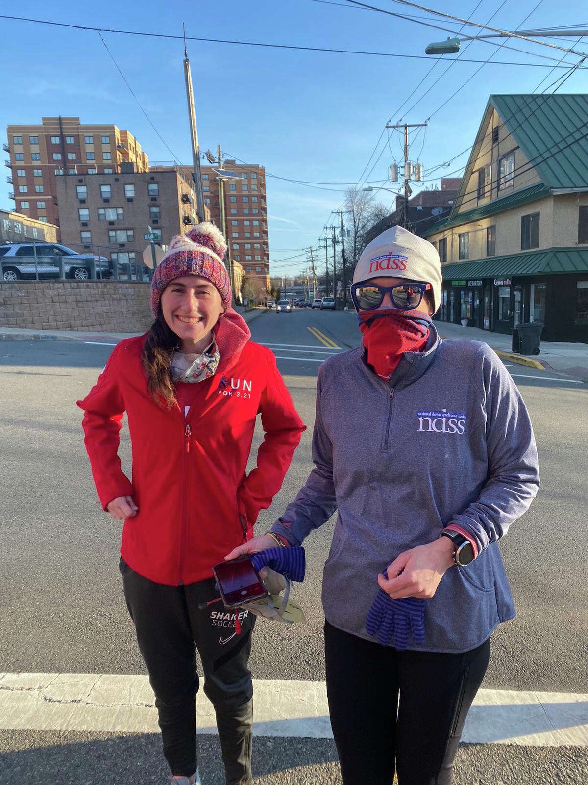Jamie Durant, left, and her partner Gina Mannion, getting ready to run their first leg in Fort Lee, New Jersey, as part of 
