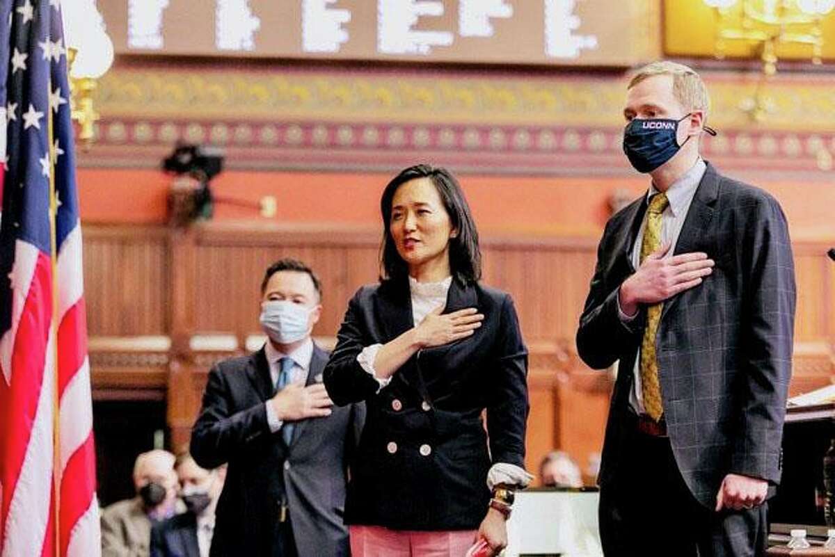 State Rep. Kimberly Fiorello (R-Greenwich, Stamford) leads the Connecticut House of Representatives in reciting the Pledge of Allegiance in Hartford, Connecticut, Thursday, March 25, 2021.