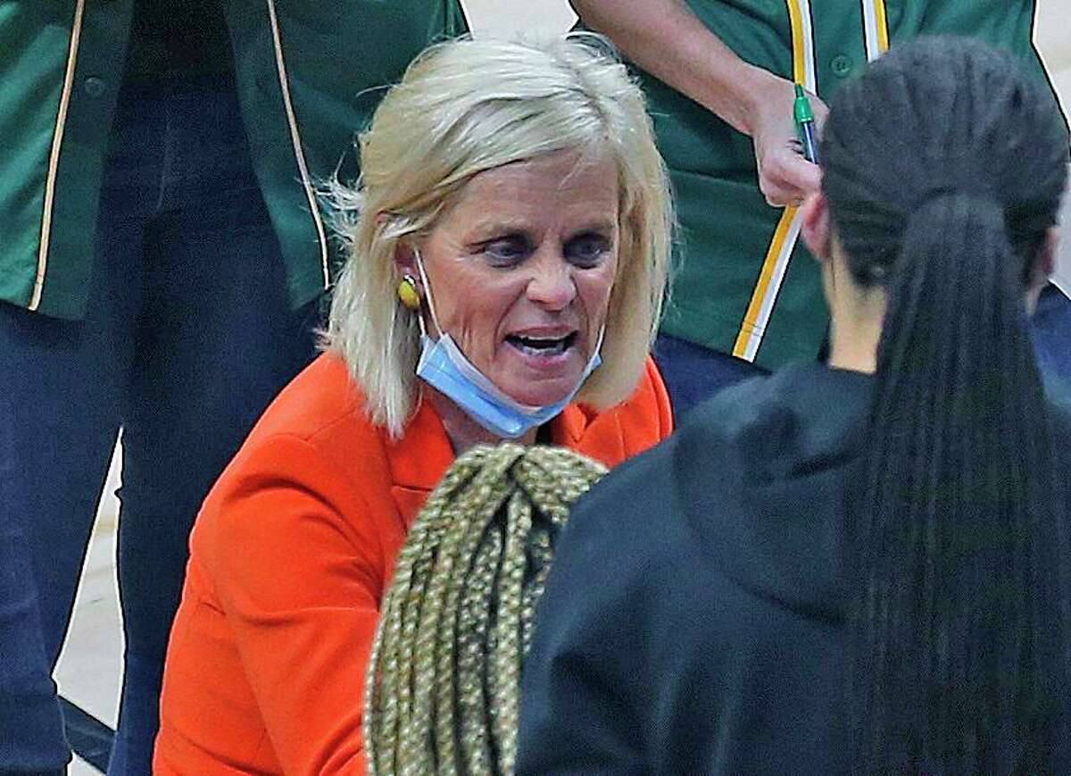 Baylor head coach Kim Mulkey gives instruction during a time-out. Baylor defeated Michigan 78-75 in OT on Saturday, March 27, 2021 at the Alamodome.