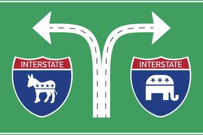 This artwork by Nancy Ohanian refers to different Republican and Democratic perspectives.