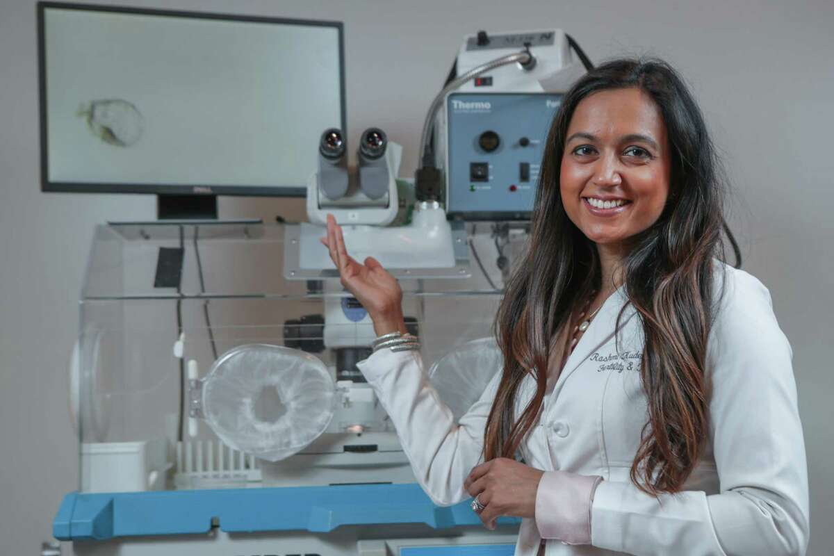 Dr. Rashmi Kudesia is a fertility specialist at CCRM Fertility points to a monitor view of a frozen embryo specimen Friday, March 19, 2021, in Houston.