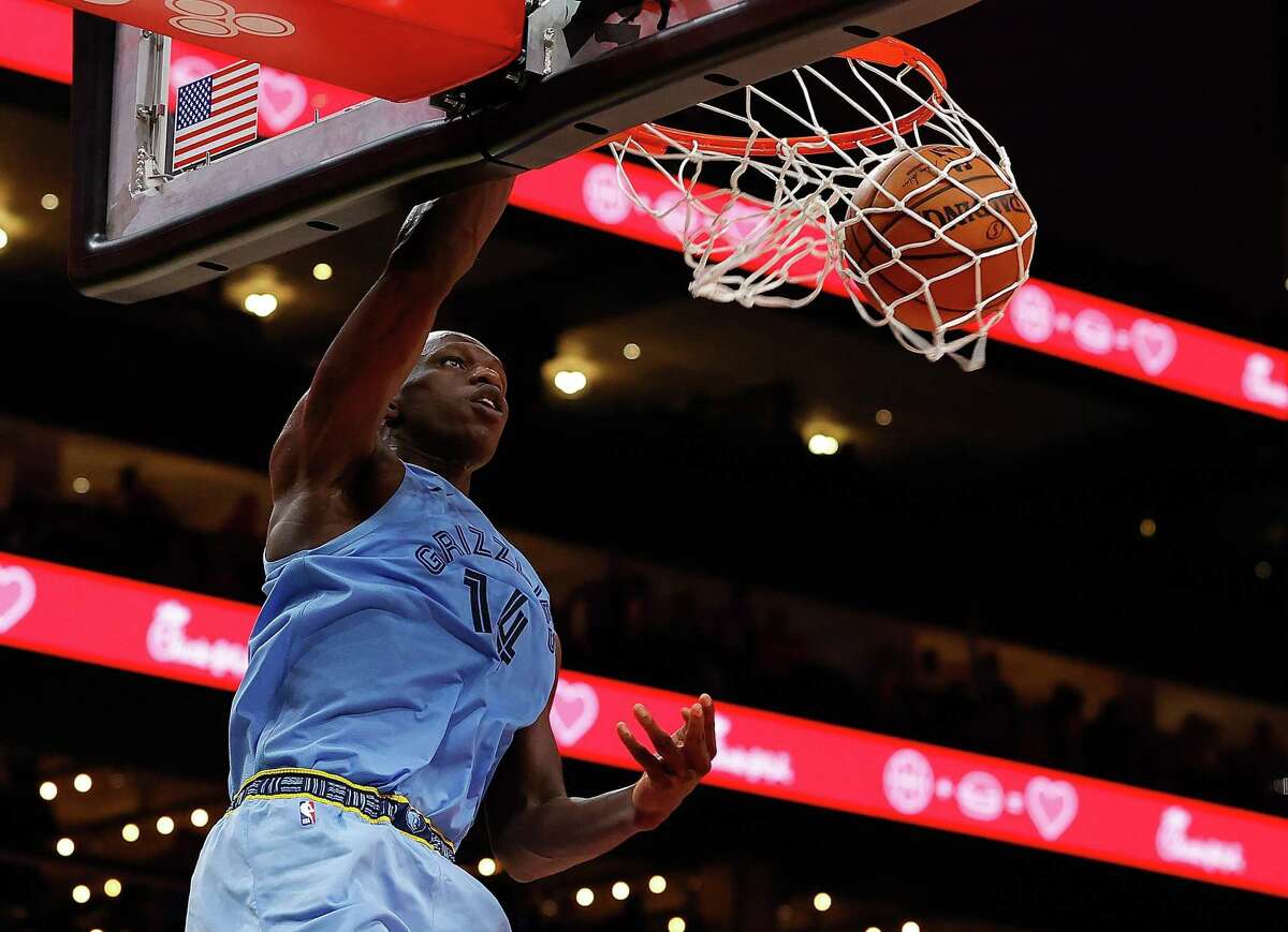 Gorgui Dieng, recently acquired by the Spurs, dunks as a member of the Memphis Grizzlies against the Atlanta Hawks in the second half at State Farm Arena on March 02, 2020 in Atlanta.