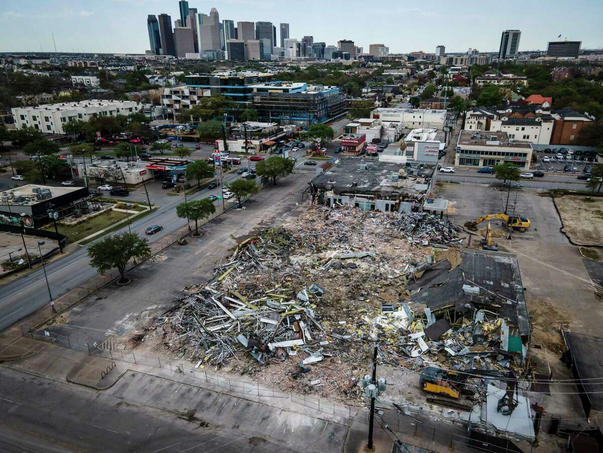 Demolition of the Montrose Half Price books continued on Monday, March 29, 2021, in Houston. Skanska USA Commercial Development purchased the nearly three-acre property that included Half Price and a Spec's along Westheimer Road at Montrose Boulevard.