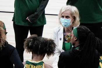 Baylor coach Kim Mulkey talks to her players during Monday's game against UConn in the Elite Eight round of the NCAA Tournament.