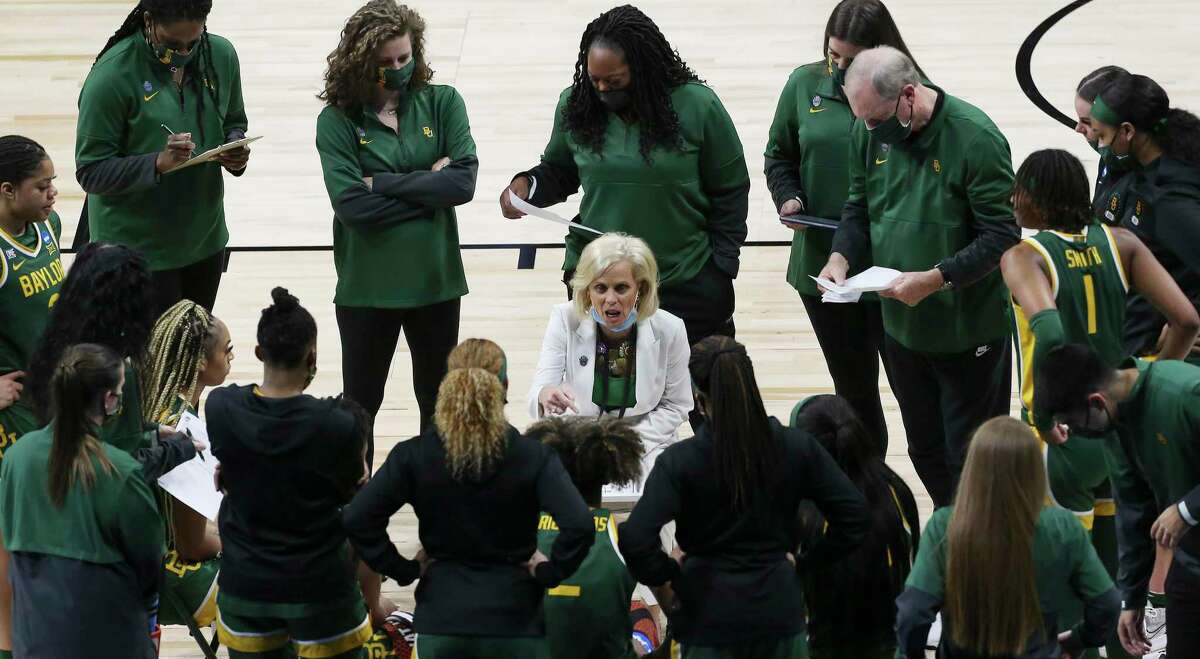 Baylor head coach Kim Mulkey talks to her team during a timeout as Baylor plays against University of Connecticut in the Elite Eight regional championship game of the 2021 NCAA Women's Basketball tournament at the Alamodome on Monday, Mar. 29, 2021.