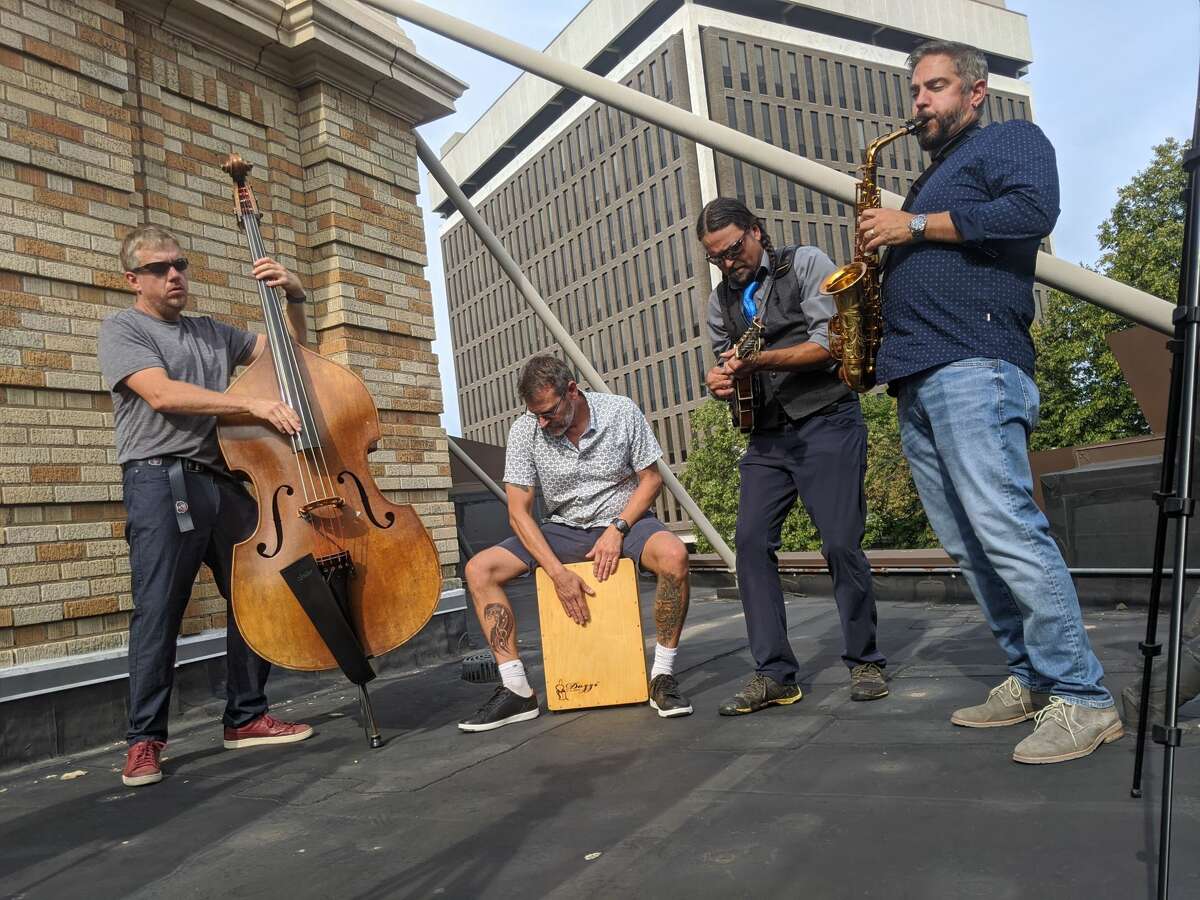 The Amico Baraday Quartet performs on the roof outside the Palace Theatre in Albany. The jazz group's drummer, Vinnie Amico, holds the same position in jam band moe., and was instrumental in getting that latter band to perform a fundraising virtual concert at the Palace.