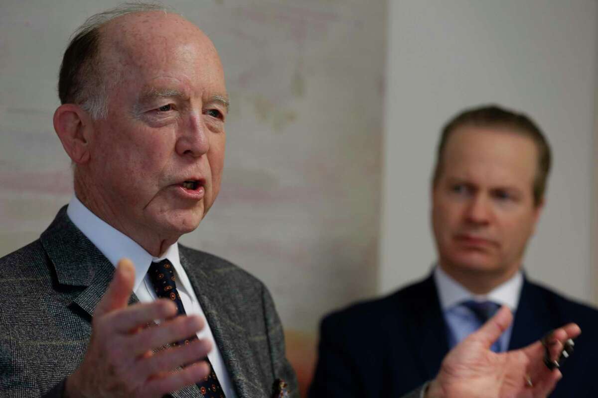 Dr. Steven Hotze (l-r), attorney and former Harris County Republican Party Chair Jared Woodfill held a press conference to discuss his election fraud claims and answer questions about the arrest of an ex-cop who he hired to investigate the claims Wednesday, Dec. 16, 2020, in Houston.