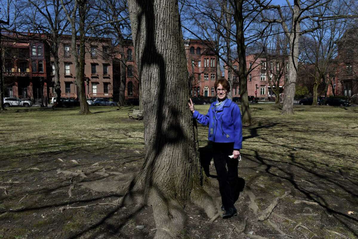 Lynn Kopka, longtime president of the Washington Park neighborhood group, stands in the privately owned ornamental park on Tuesday, March 30, 2021, in Troy, N.Y. Kopka has stepped down from the position she held for 20 years. She helped preserve and was a watchdog over the park which is only one of two privately owned ornamental parks in the state. (Will Waldron/Times Union)