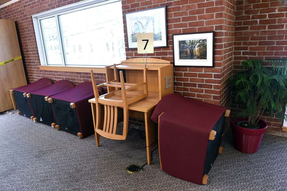 Seating is prevented during the COVID-19 pandemic at the Guilford Library on March 13, 2021.