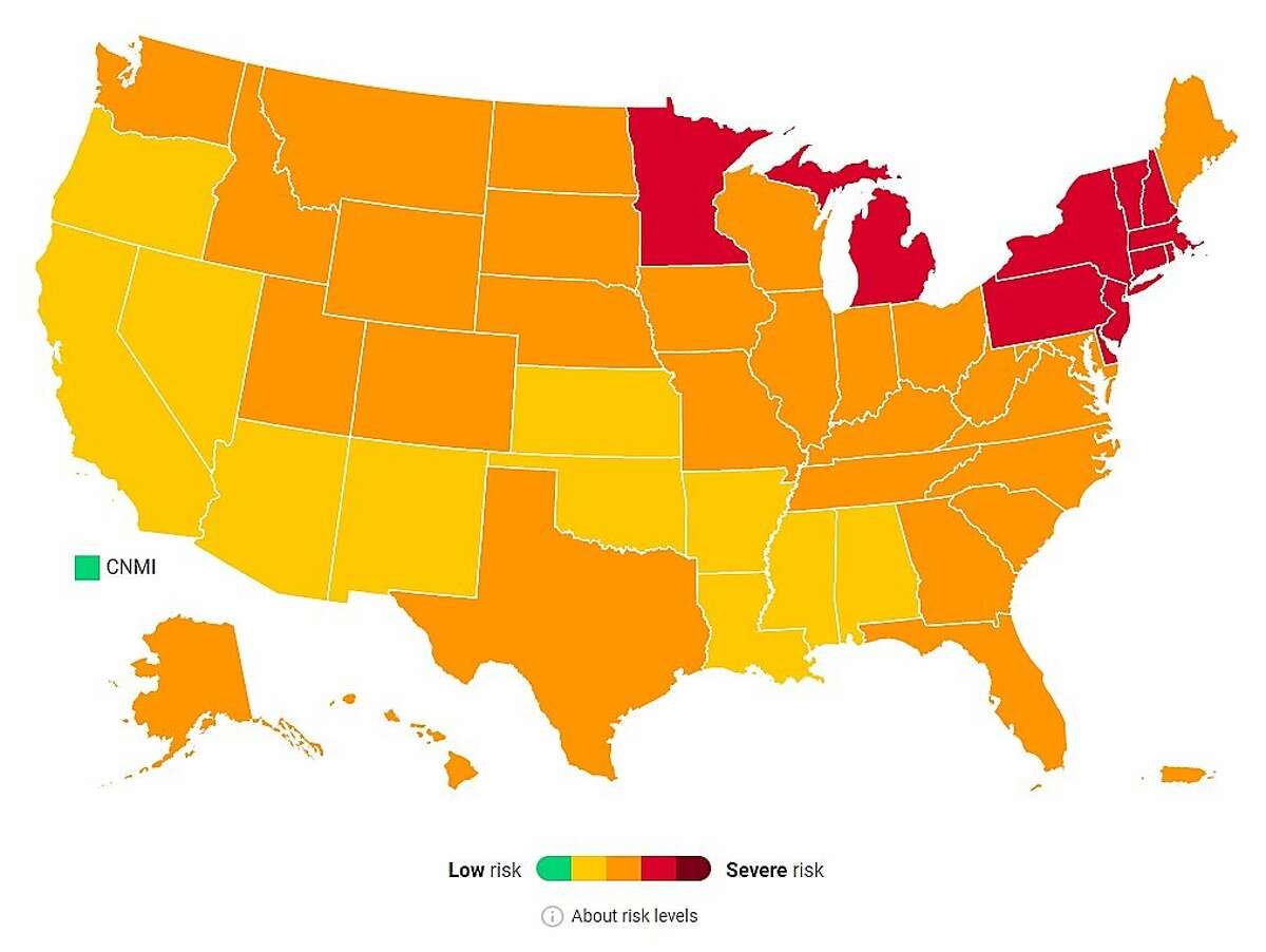 COVID Act Now's U.S. map shows the coronavirus risk level by state.