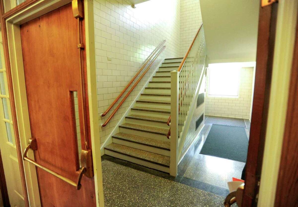 A stairway at Julian Curtiss School in Greenwich photographed on May 24, 2019 is not compliant with ADA laws.