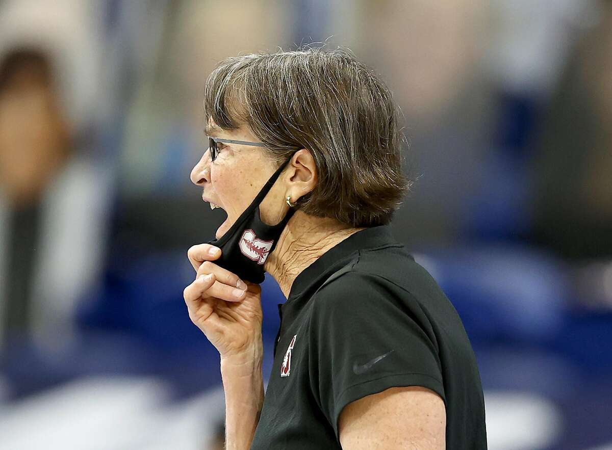 SAN ANTONIO, TEXAS - MARCH 30: Head coach Tara VanDerveer of the Stanford Cardinal directs her team in the first half against the Louisville Cardinals during the Elite Eight round of the NCAA Women's Basketball Tournament at Alamodome on March 30, 2021 in San Antonio, Texas. (Photo by Elsa/Getty Images)