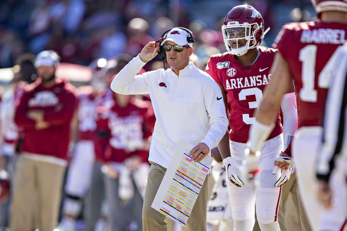 FAYETTEVILLE, AR - NOVEMBER 9: Head Coach Chad Morris of the Arkansas Razorbacks on the sidelines during a game against the Western Kentucky Hilltoppers at Razorback Stadium on November 9, 2019 in Fayetteville, Arkansas. The Hilltoppers defeated the Razorbacks 45-19. (Photo by Wesley Hitt/Getty Images)