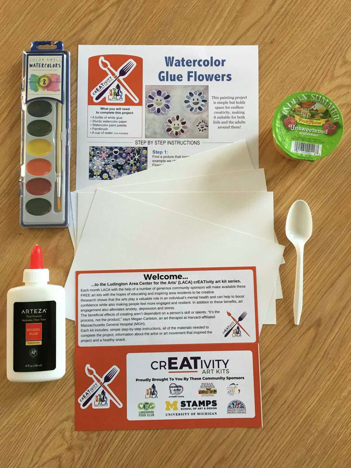 The first kit will feature a watercolor glue flowers project inspired by the Japanese contemporary artist Takashi Murakami. In addition to step-by-step instructions the kit also includes a watercolor paint set and brush, a 4-ounce bottle of white glue, four pieces of watercolor paper, an individual serving of applesauce and a spoon. (Courtesy photo)