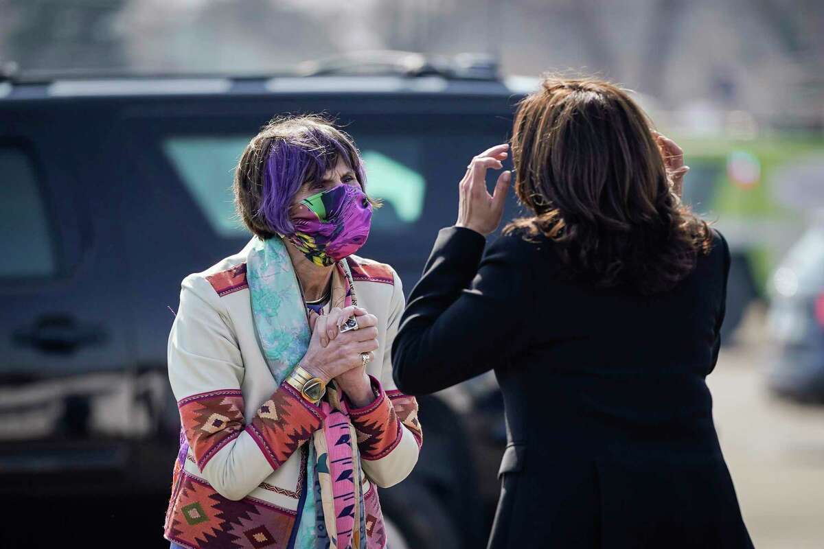NEW HAVEN, CT - MARCH 26: (L-R) Rep. Rosa DeLauro (D-CT) greets U.S. Vice President Kamala Harris upon arrival at Tweed-New Haven Airport on March 26, 2021 in New Haven, Connecticut. Harris is traveling to New Haven, Connecticut to promote the Biden administration's recently passed $1.9 billion federal stimulus package. (Photo by Drew Angerer/Getty Images)