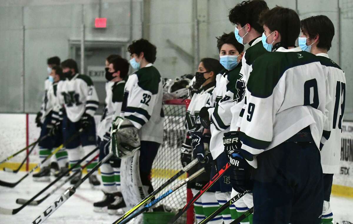 The Norwalk high school co op team prepares take on the Milford co op team in CIAC action Wednesday, February 24, 2021, at SoNo Ice House in Norwalk, Conn. Norwalk winter sports are livestreaming hockey matches at SoNo Ice House because spectators aren't allowed due to COVID. But the livestream system in the hockey rink is subscription only. The team is trying to get 1,000 subscribers on YouTube so they can livestream games for free.