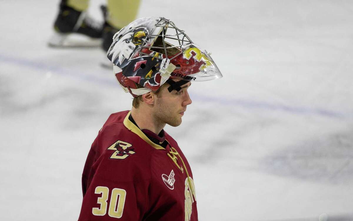LOWELL, MA - FEBRUARY 13: Spencer Knight #30 of the Boston College Eagles tends goal against the Massachusetts Lowell River Hawks during NCAA men's hockey at the Tsongas Center on February 13, 2021 in Lowell, Massachusetts. The Eagles won 4-3 after trailing 2-0. (Photo by Richard T Gagnon/Getty Images)
