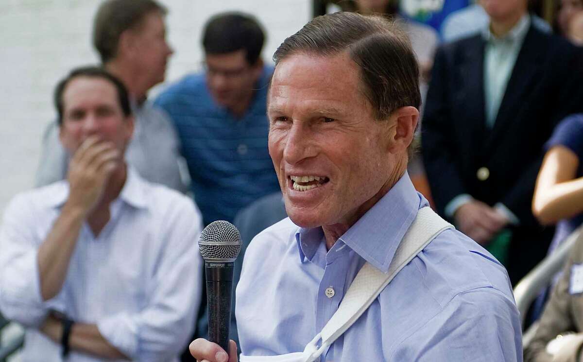 U.S. Sen. Richard Blumenthal, a town resident seen here at the 2019 Greenwich Democratic Town Committee's annual picnic, spoke Wednesday before the RMA covering topics like infrastructure, the filibuster and even UFOs.