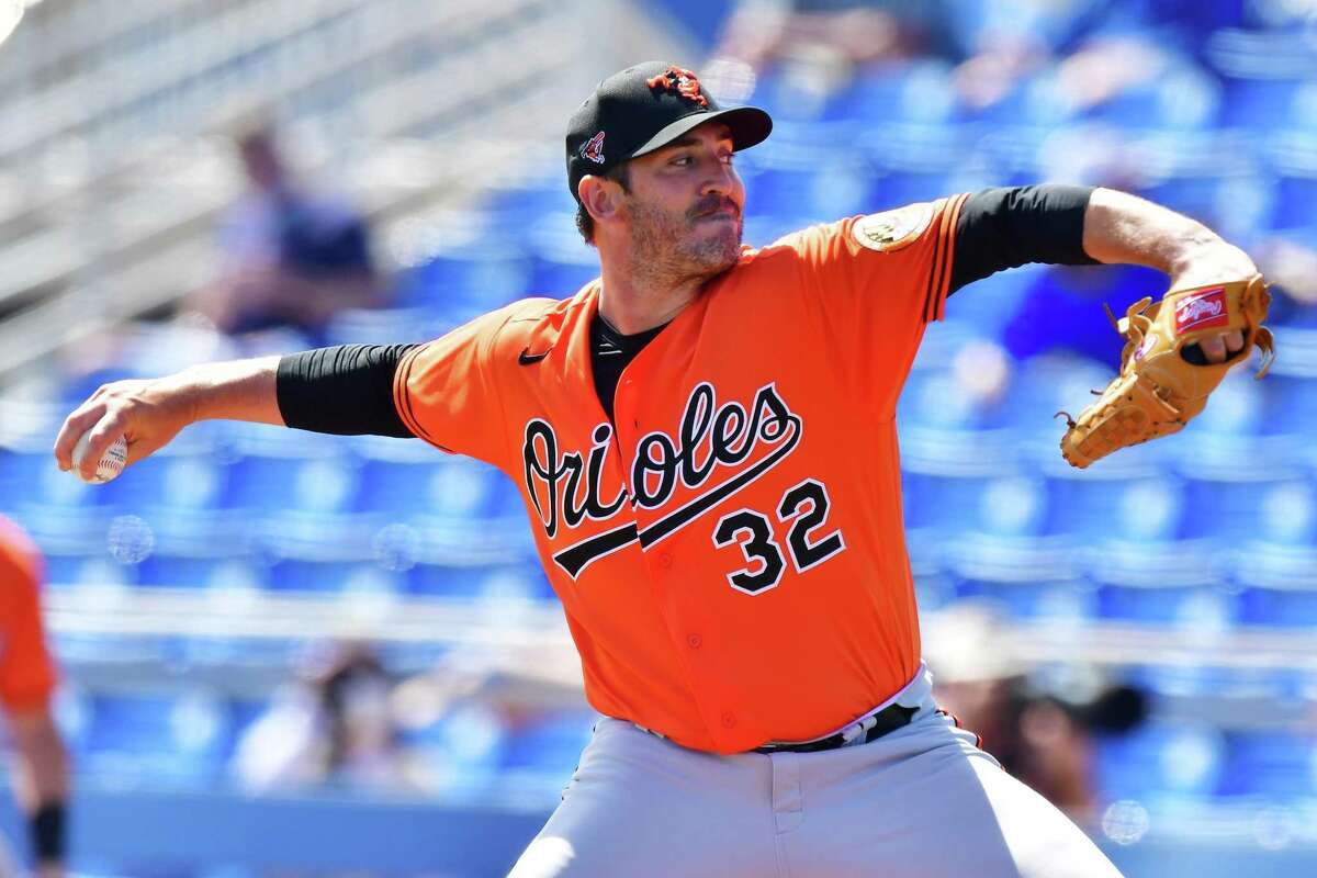 Baltimore's Matt Harvey pitches during a spring training game earlier this month in Florida.