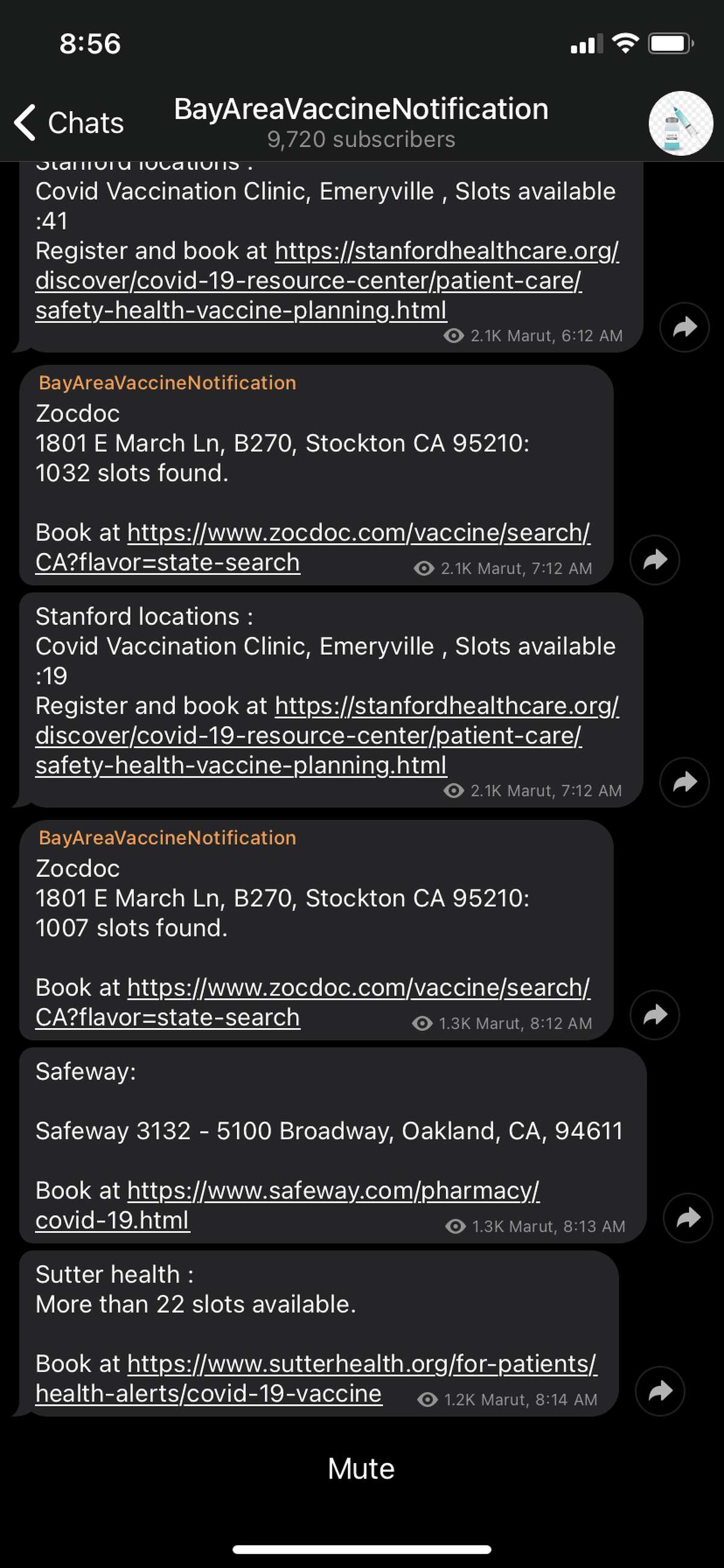 A screenshot of the BayAreaVaccineNotification channel on the Telegram chat app.