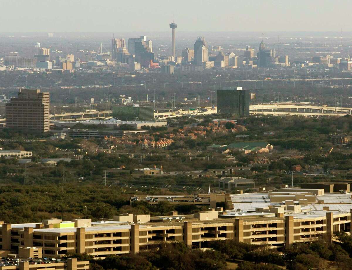 The USAA headquarters building, with downtown San Antonio in the background, in a 2018 aerial photo. The company reported record revenue of $36.3 billion in 2020.
