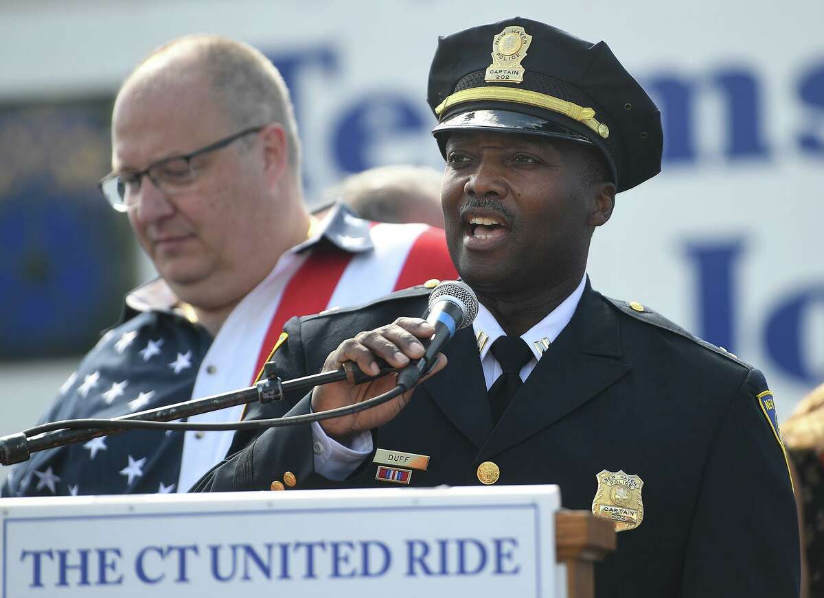 New Haven police Capt. Anthony Duff speaks after being honored for heroism at the annual CT United Ride, Connecticut's largest 9/11 tribute, in Norwalk Sept. 8, 2019.
