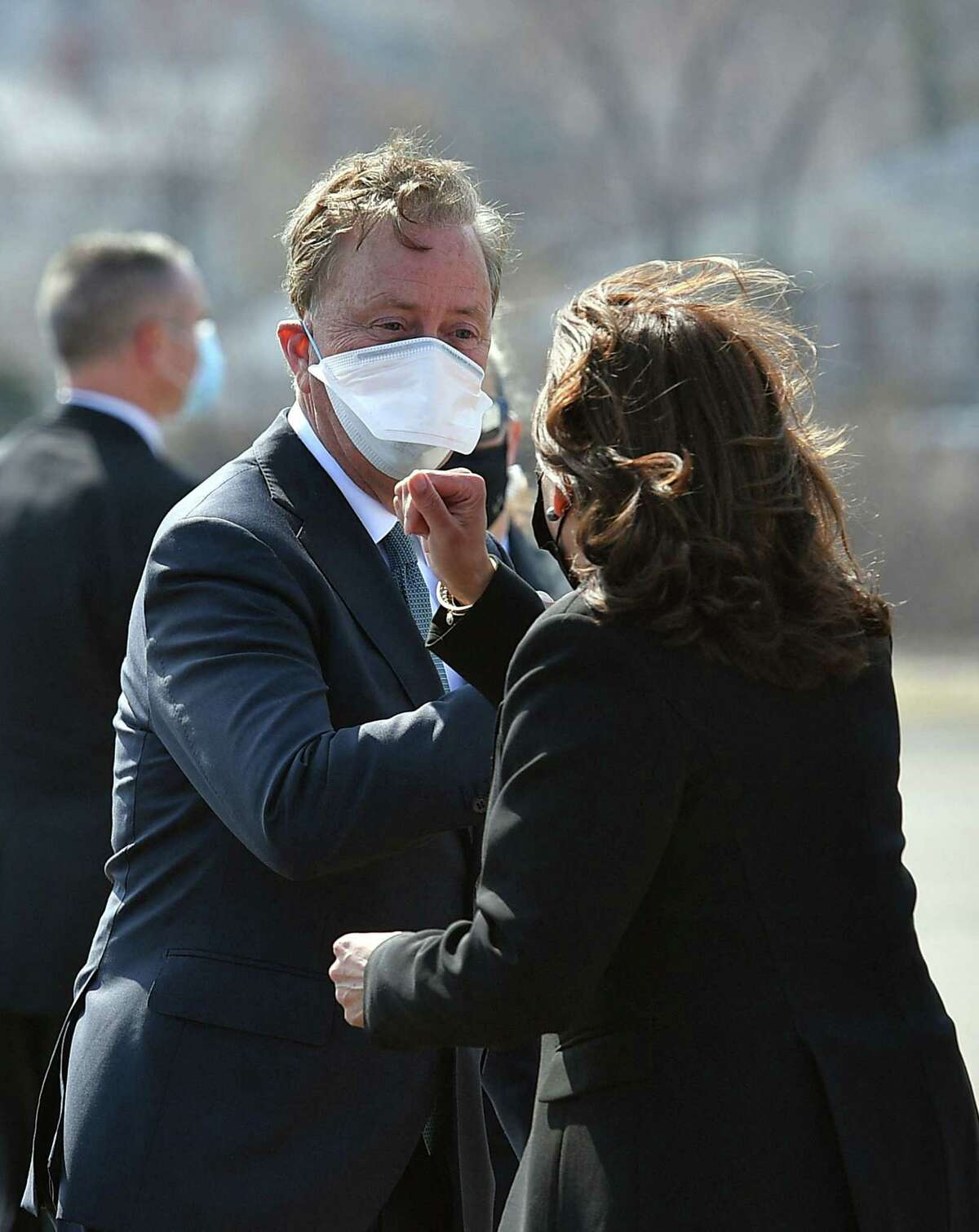 Gov. Ned Lamont greets Vice President Kamala Harris in New Haven on March 26, 2021. Connecticut trails many states nationally for improper payments through its antiquated unemployment insurance system which is due for a big upgrade next year, with the state for now eyeballing cases to spot any red flags suggesting fraud.