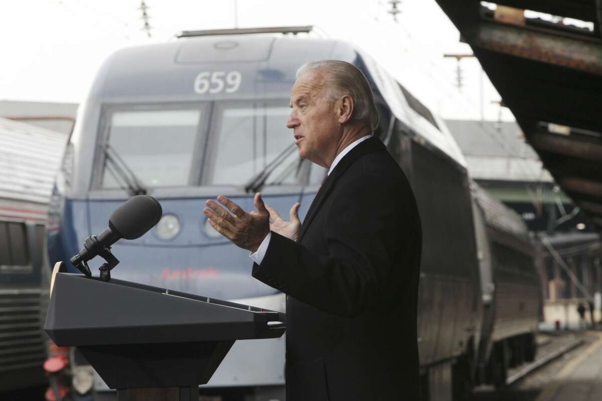 Vice President Joe Biden announces funding for Amtrak as part of the implementation of the American Recovery and Reinvestment Act, Friday, March 13, 2009, at Union Station in Washington. (AP Photo/Pablo Martinez Monsivais)