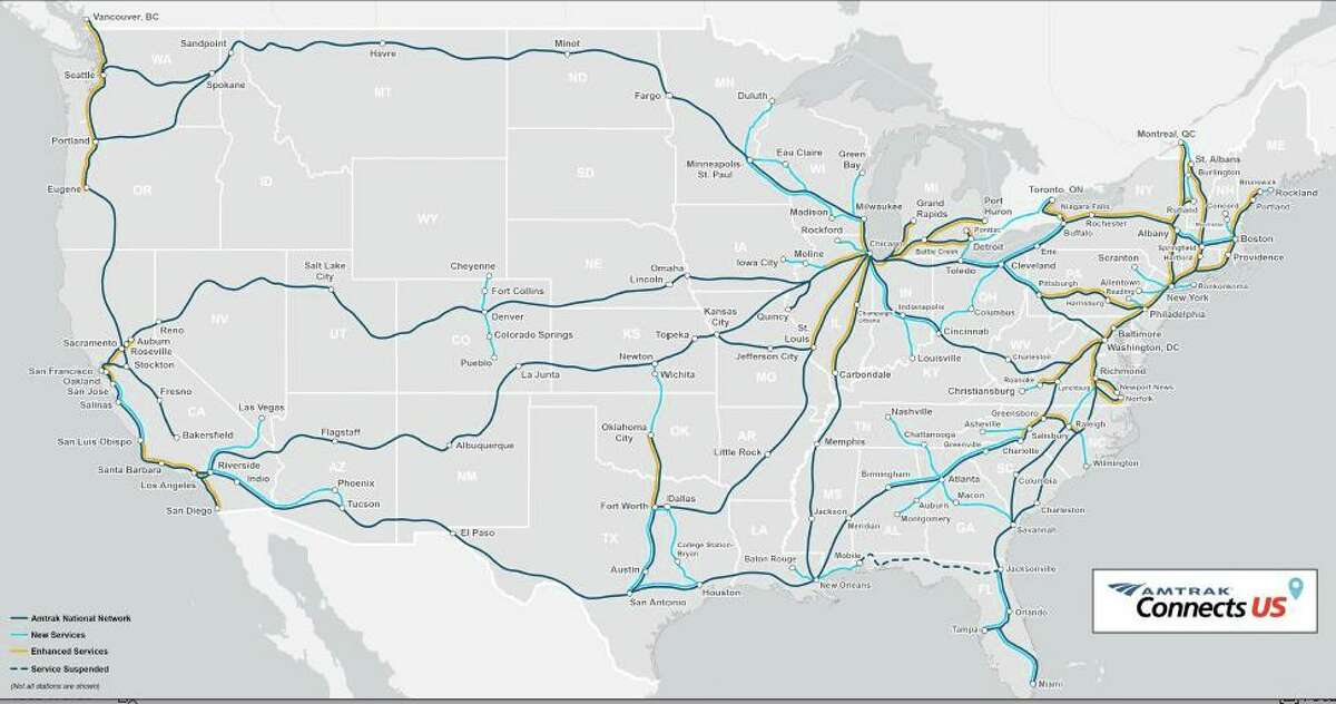 Amtrak released a map Wednesday of new lines and service enhancements it projects it will offer by 2035 if Congress passes President Joe Biden's American Jobs Plan, which includes significant funding for rail.