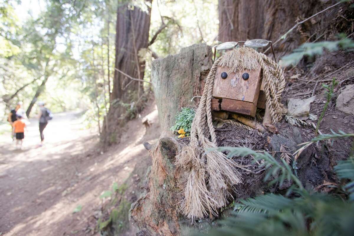 Bebe, one of the trolls along the Bridgeview Trail on March 31, 2021, in Oakland, Calif. A trio of anonymous local artists has installed a hilarious collection of wooden sculptures called "The Bridgeview Trolls" throughout Oakland's upper Dimond Canyon.