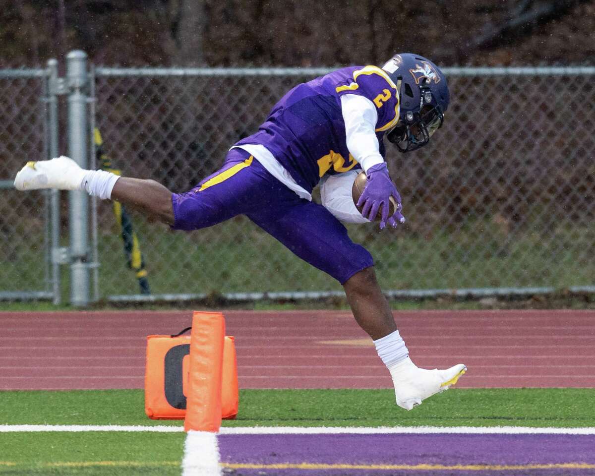 Troy running back Xavier Lee gets a foot down in the end zone for a touchdown during a game against Averill Park at Troy High in Troy, NY, on Thursday April 1, 2021. (Jim Franco/Special to the Times Union)