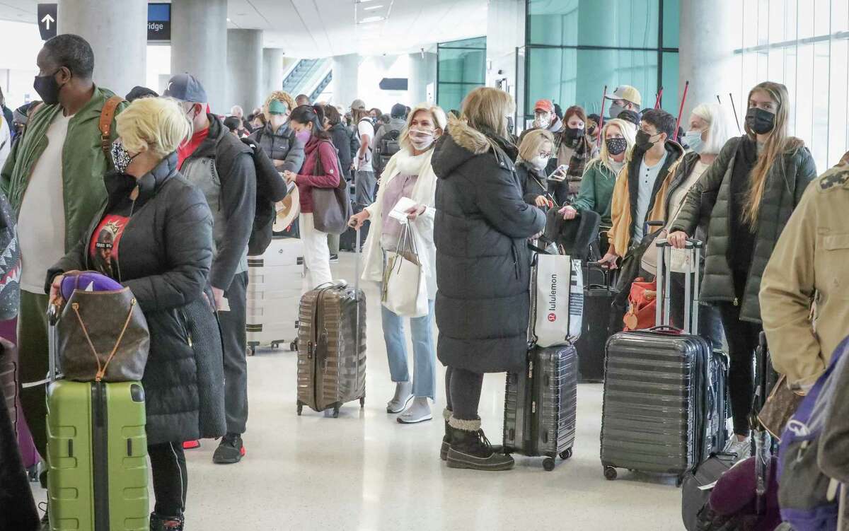 Long lines awaited travelers as all flights at William P. Hobby Airport resumed after water issues forced officials to cancel or divert all flights yesterday Thursday, Feb. 18, 2021, in Houston.