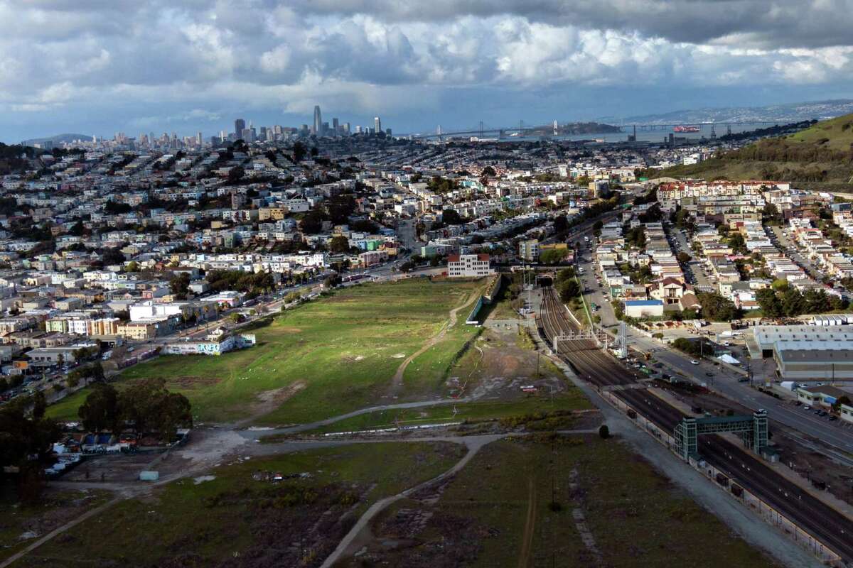 The green patch of Schlage Lock land at Bayshore and Leland, south of San Francisco’s Bayview neighborhood is a site for proposed housing. The city must create 82,000 new housing units by 2031.