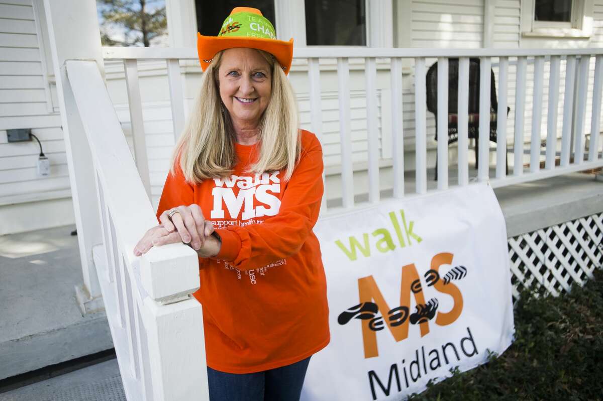 Helen Myers poses for a portrait Thursday, April 1, 2021 at her home in Sanford. Myers was first diagnosed with Multiple Sclerosis in 2004, and now uses her story and voice to raise awareness locally and raise money for treatment research. (Katy Kildee/kkildee@mdn.net)