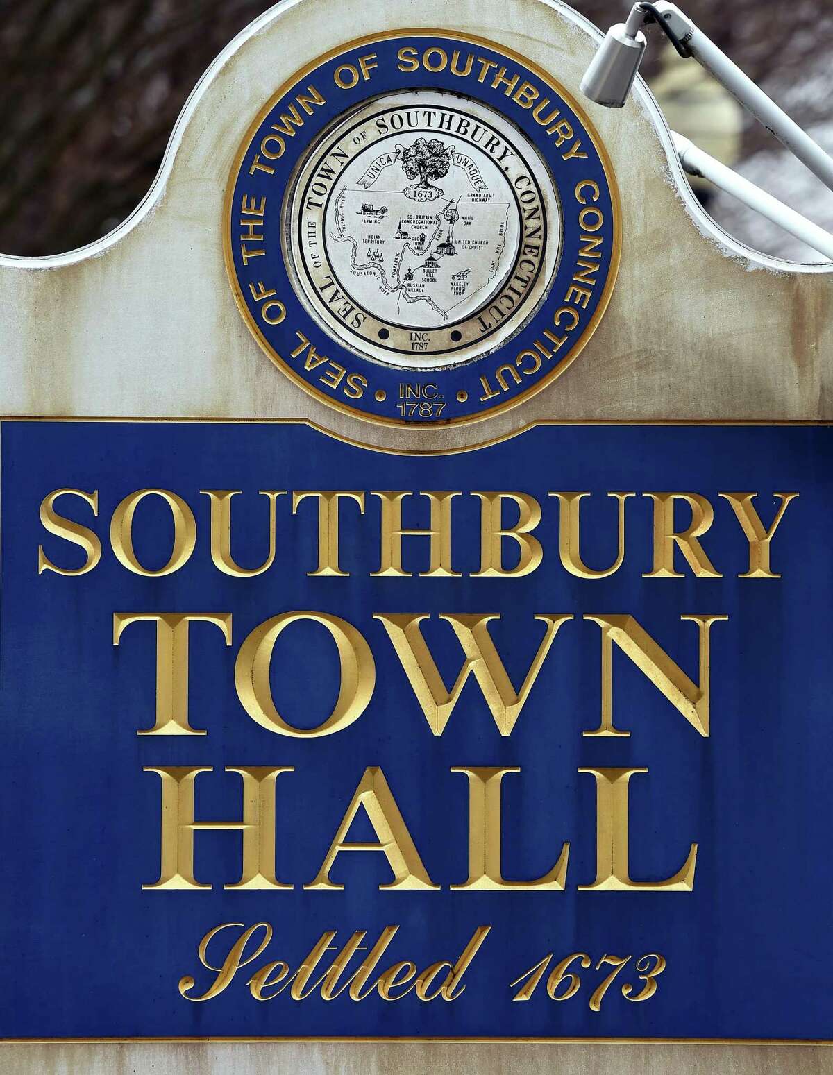 The sign for Southbury Town Hall photographed on April 2, 2021.
