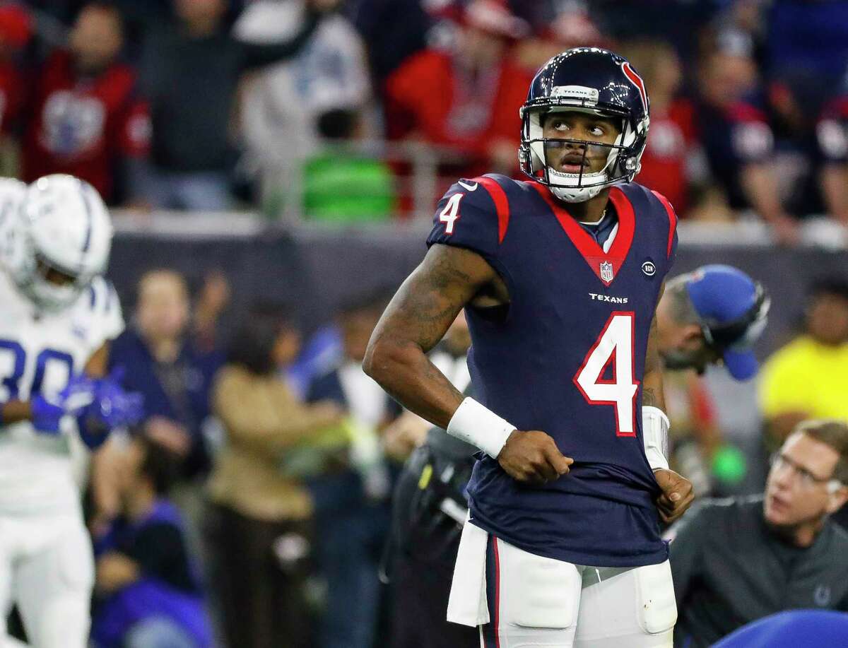 Houston Texans quarterback Deshaun Watson (4) reacts after a play during the third quarter of an NFL first round playoff game at NRG Stadium, Saturday, Jan. 5, 2019, in Houston.