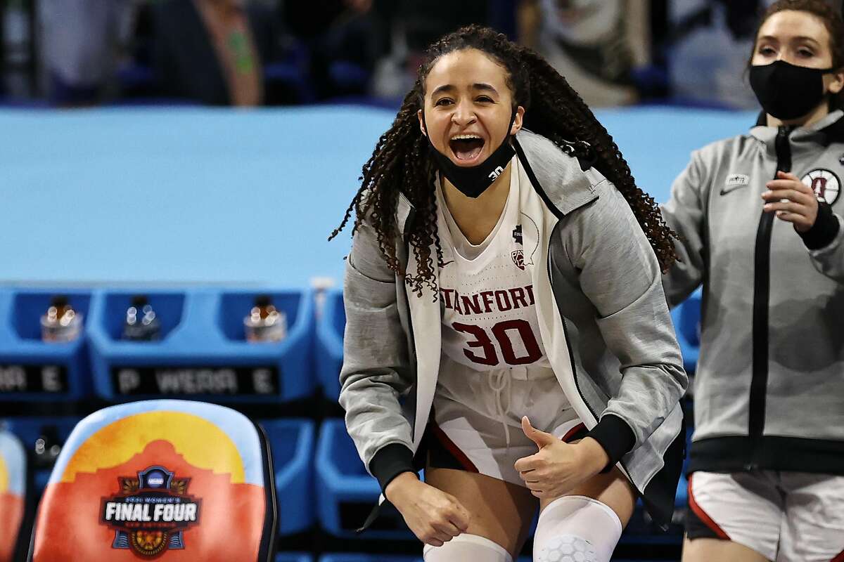 SAN ANTONIO, TEXAS - APRIL 02: Haley Jones #30 of the Stanford Cardinal reacts against the South Carolina Gamecocks during the second quarter in the Final Four semifinal game of the 2021 NCAA Women's Basketball Tournament at the Alamodome on April 02, 2021 in San Antonio, Texas. (Photo by Elsa/Getty Images)