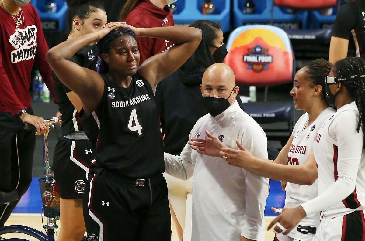 South Carolina's Aliyah Boston (04) reacts with despair after her team loses to Stanford during their 2021 NCAA Women's Final Four national semifinal basketball game at the Alamodome on Friday, Apr. 2, 2021. Stanford defeated South Carolina, 66-65 to advance to the championship game.