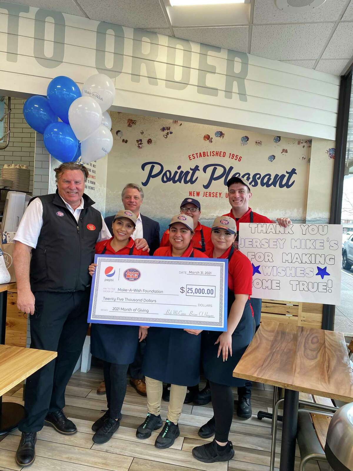Making the check presentation last Wednesday are the owner of Jersey Mike’s Subs in Riverside, Brian O’Hagan, and his management team along with VP of PepsiCo Sales Carl Kazmierczak.