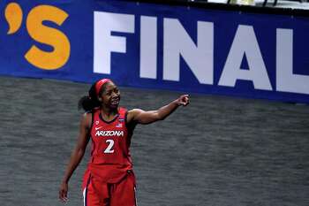 Arizona guard Aari McDonald celebrates after a victory over UConn in the Final Four on Friday.