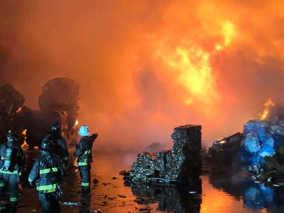 More than 35 firefighters responded to the blaze at an East Oakland recycling plant Friday night.