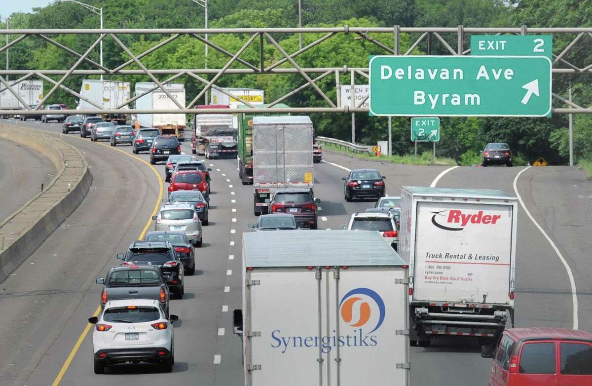 Traffic congestion on I-95 northbound near exit 2 in Greenwich, Conn.