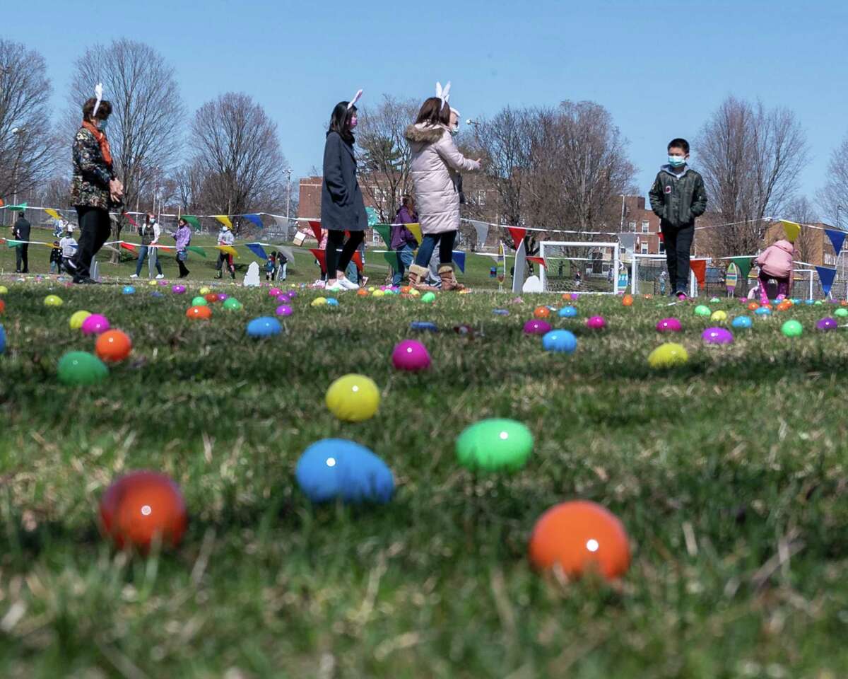 A huge crowd turned out for the first Easter Egg Scavenger Hunt at Knickerbacker Park in Troy, NY, on Saturday, April 3, 2021. (Jim Franco/Special to the Times Union)