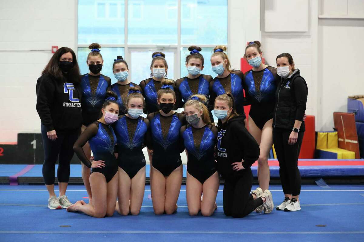 Leading the Ludlowe girls gymnastics team to the FCIAC championship were (front row): Tara Chomienne, Abigail Cerny, Katie Torrello, Tori Schreiber and Lyla Vogel; (second row) assistant coach Elizabeth Cerny, Ava Mancini, Isabella Factora, Esme Fagan, Julia Gove, Emma Senatore, Ava Golding and head coach Kim Longobucco.