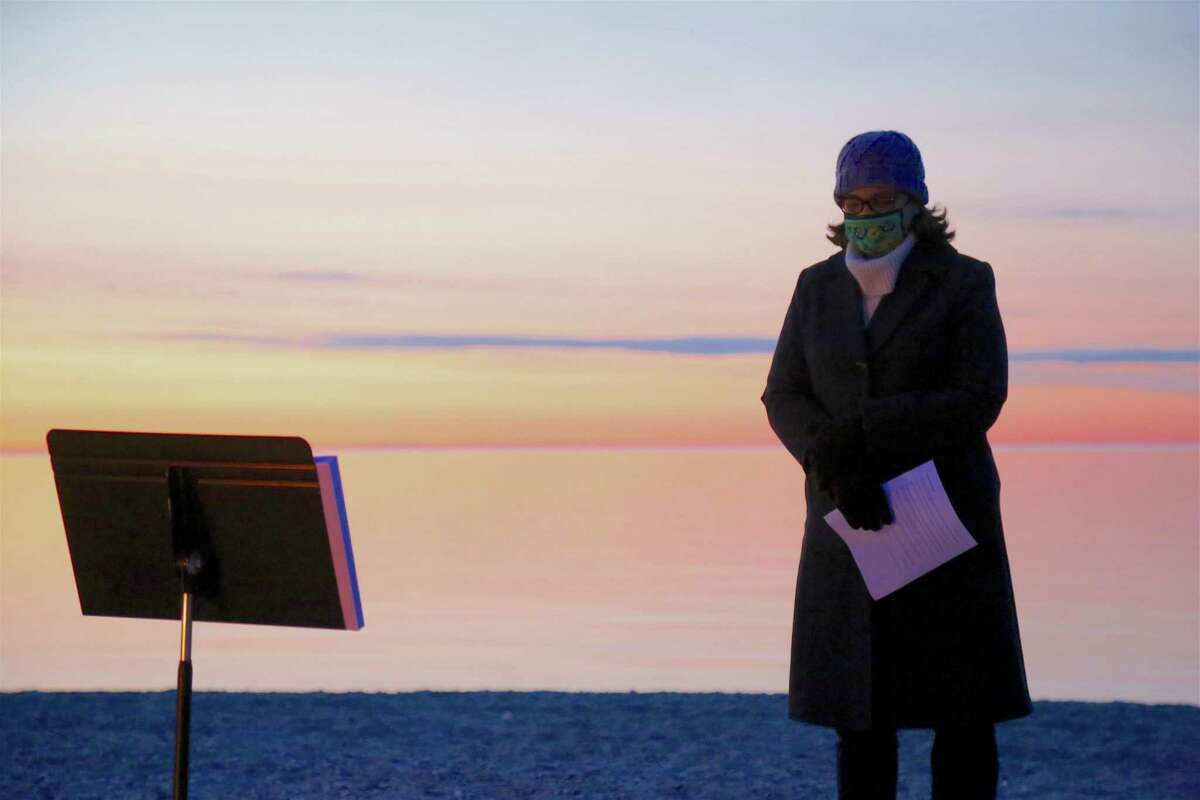 Heather Sinclair, pastor at United Methodist Church of Westport, helped lead the Easter Sunday Sunrise Service at Compo Beach on April 4, 2021.