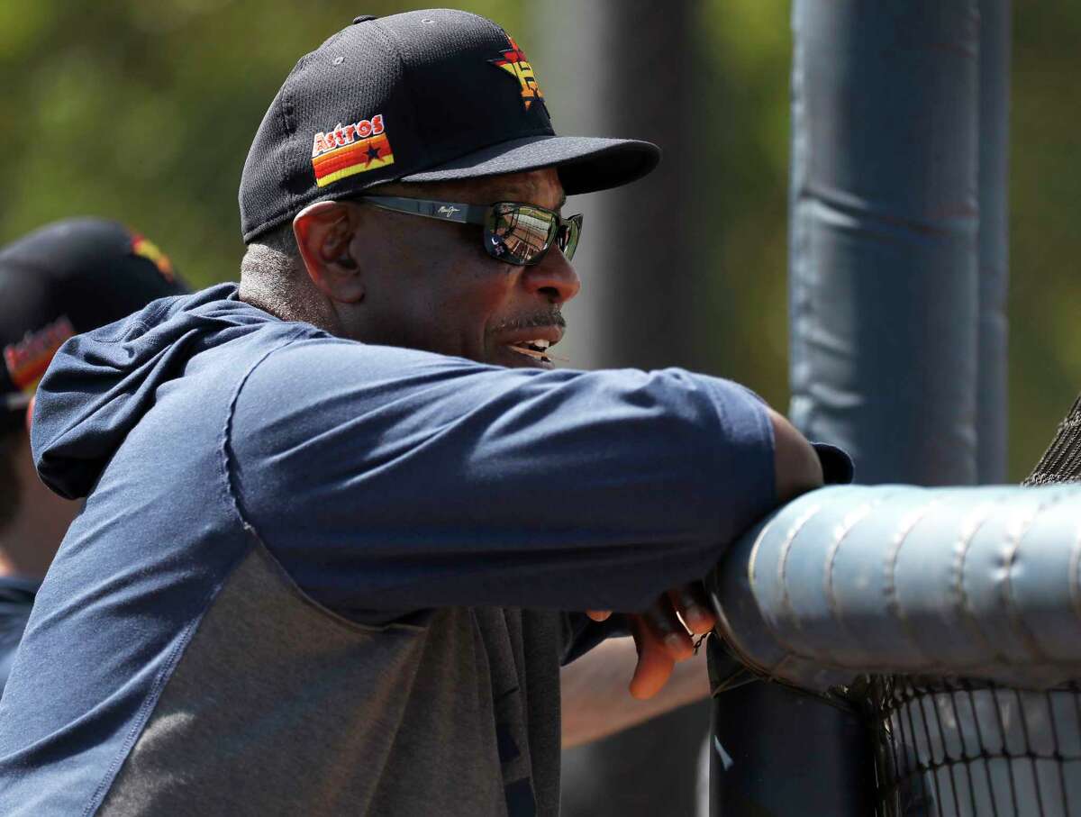 Houston Astros manager Dusty Baker Jr. watches Taylor Jones take batting practice during the Houston Astros spring training workouts at the Fitteam Ballpark of The Palm Beaches, in West Palm Beach , Wednesday, Feb. 19, 2020.