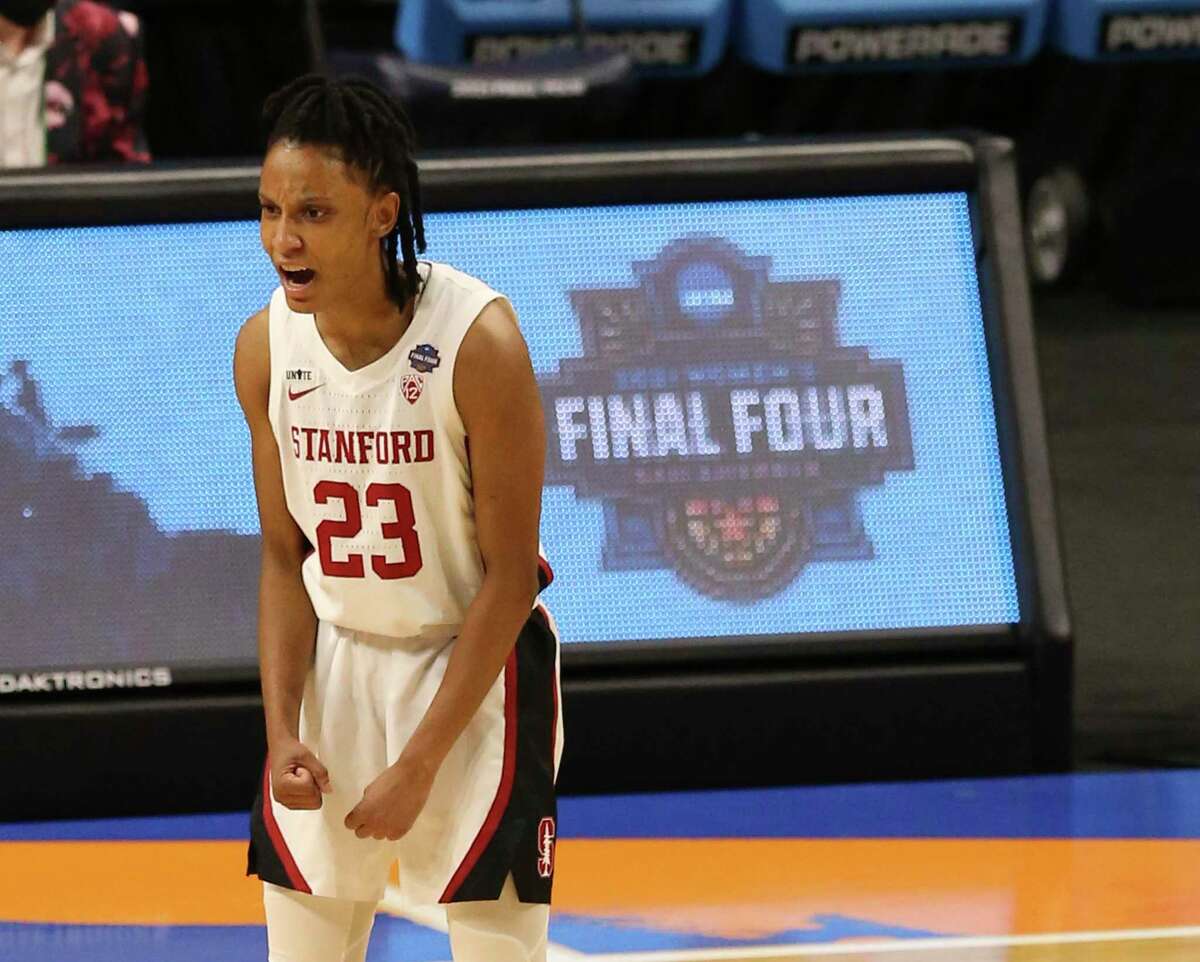Stanford's Kiana Williams (23) reacts after her three-pointer against Arizona during their 2021 NCAA Women's Final Four National Champion basketball game at the Alamodome on Sunday, Apr. 4, 2021.