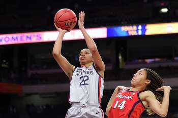 SAN ANTONIO, TEXAS - APRIL 02: Evina Westbrook #22 of the UConn Huskies elevates for the jump shot against the Arizona Wildcats during the third quarter in the Final Four semifinal game of the 2021 NCAA Women's Basketball Tournament at the Alamodome on April 02, 2021 in San Antonio, Texas. (Photo by Carmen Mandato/Getty Images)